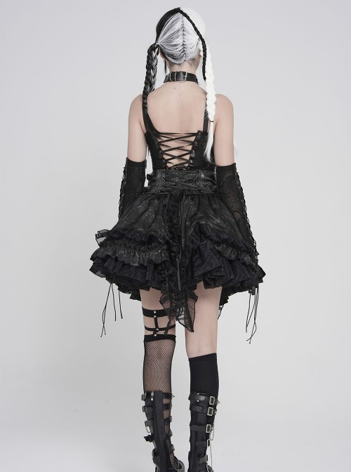 Black Snakeskin Knit Chains Hanging Design Metal Webbing Decoration Vest Punk Style Slip Short T-Shirt