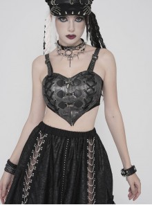 Black Faux Leather Woven Heart-Shaped Splicing Mesh Adjustable Shoulder Straps Vest Punk Style Slip T-Shirt