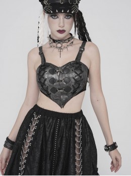 Black Faux Leather Woven Heart-Shaped Splicing Mesh Adjustable Shoulder Straps Vest Punk Style Slip T-Shirt
