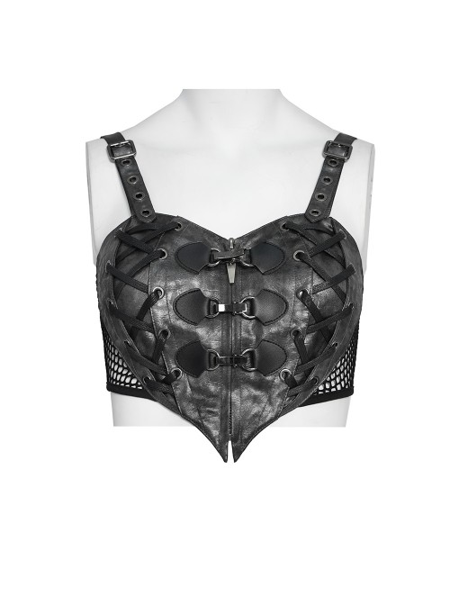Black Faux Leather Woven Heart-Shaped Splicing Mesh Adjustable Shoulder Straps Vest Punk Style Slip T-Shirt