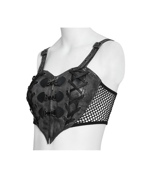 Black Faux Leather Woven Heart-Shaped Splicing Mesh Adjustable Shoulder Straps Vest Punk Style Slip T-Shirt