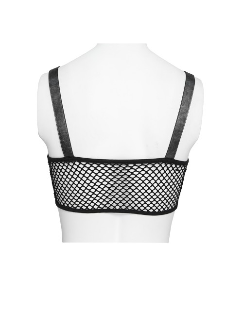 Black Faux Leather Woven Heart-Shaped Splicing Mesh Adjustable Shoulder Straps Vest Punk Style Slip T-Shirt