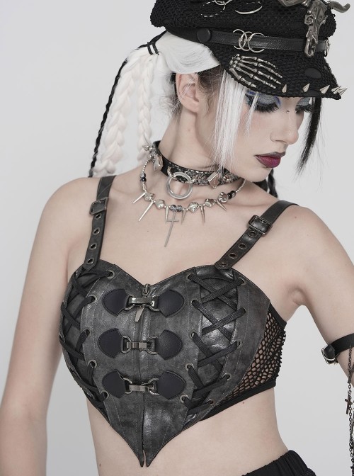 Black Faux Leather Woven Heart-Shaped Splicing Mesh Adjustable Shoulder Straps Vest Punk Style Slip T-Shirt