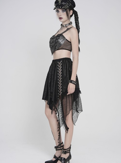 Black Faux Leather Woven Heart-Shaped Splicing Mesh Adjustable Shoulder Straps Vest Punk Style Slip T-Shirt