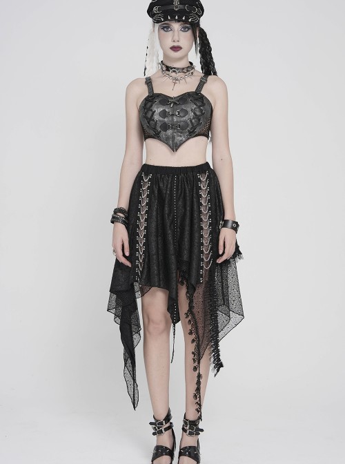 Black Faux Leather Woven Heart-Shaped Splicing Mesh Adjustable Shoulder Straps Vest Punk Style Slip T-Shirt