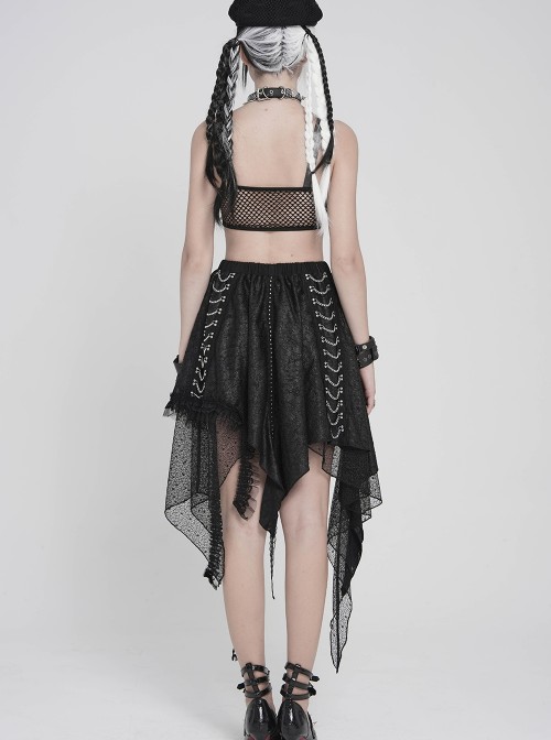 Black Faux Leather Woven Heart-Shaped Splicing Mesh Adjustable Shoulder Straps Vest Punk Style Slip T-Shirt