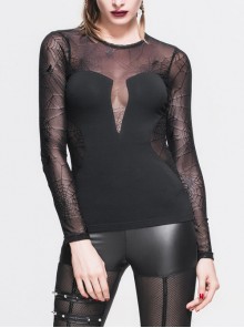 Elastic Spider Web Splice Knitted Round Collar  Transparent Back Lace Black Punk T-Shirt