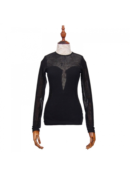 Elastic Spider Web Splice Knitted Round Collar  Transparent Back Lace Black Punk T-Shirt