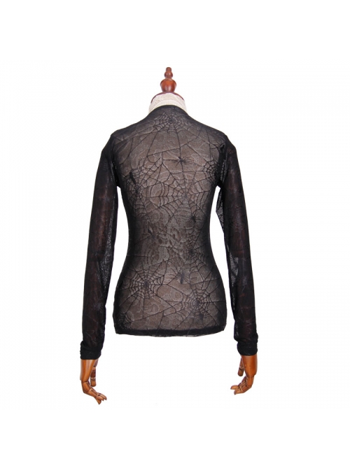 Elastic Spider Web Splice Knitted Round Collar  Transparent Back Lace Black Punk T-Shirt
