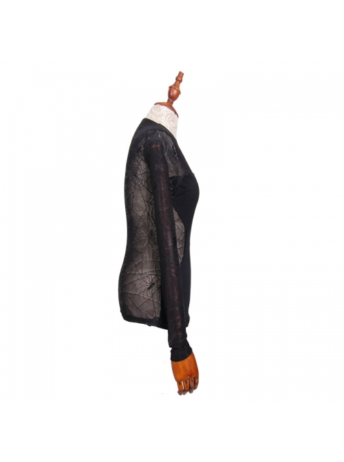 Elastic Spider Web Splice Knitted Round Collar  Transparent Back Lace Black Punk T-Shirt