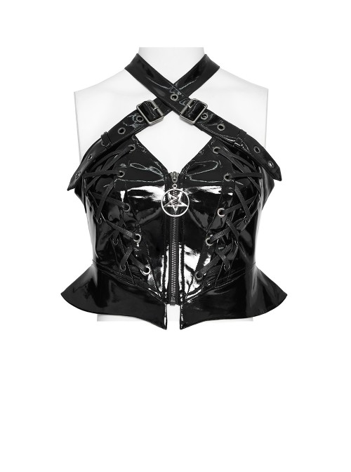 Black Mirrored Leather Crisscross Halter-Neck Front Five-Pointed Star Zipper Vest Punk Style Cropped T-Shirt