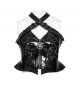 Black Mirrored Leather Crisscross Halter-Neck Front Five-Pointed Star Zipper Vest Punk Style Cropped T-Shirt