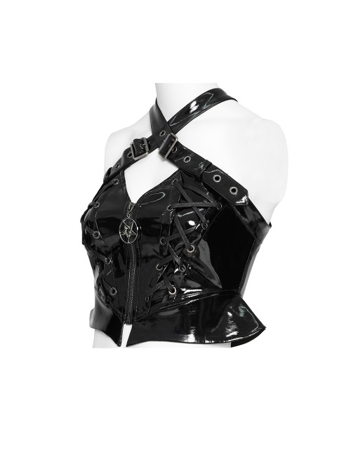 Black Mirrored Leather Crisscross Halter-Neck Front Five-Pointed Star Zipper Vest Punk Style Cropped T-Shirt