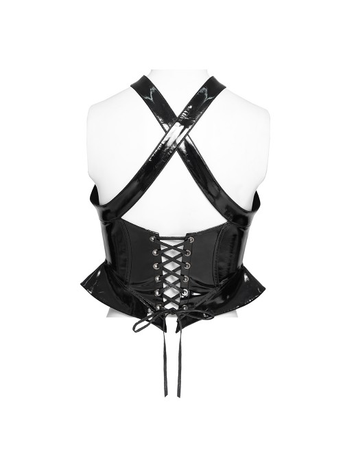 Black Mirrored Leather Crisscross Halter-Neck Front Five-Pointed Star Zipper Vest Punk Style Cropped T-Shirt