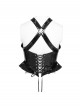 Black Mirrored Leather Crisscross Halter-Neck Front Five-Pointed Star Zipper Vest Punk Style Cropped T-Shirt