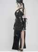 Black Mirrored Leather Crisscross Halter-Neck Front Five-Pointed Star Zipper Vest Punk Style Cropped T-Shirt