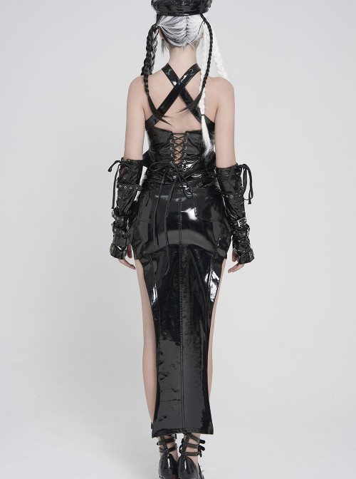 Black Mirrored Leather Crisscross Halter-Neck Front Five-Pointed Star Zipper Vest Punk Style Cropped T-Shirt