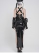 Black Mirrored Leather Crisscross Halter-Neck Front Five-Pointed Star Zipper Vest Punk Style Cropped T-Shirt