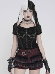 Black Velveteen Knit Splicing Mesh Halter Neck Front Spiked Rivets Detachable Chains Decoration Short Sleeves Punk Style T-Shirt