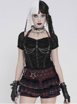 Black Velveteen Knit Splicing Mesh Halter Neck Front Spiked Rivets Detachable Chains Decoration Short Sleeves Punk Style T-Shirt