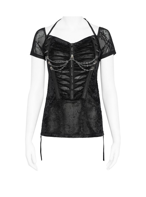 Black Velveteen Knit Splicing Mesh Halter Neck Front Spiked Rivets Detachable Chains Decoration Short Sleeves Punk Style T-Shirt