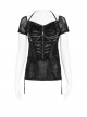 Black Velveteen Knit Splicing Mesh Halter Neck Front Spiked Rivets Detachable Chains Decoration Short Sleeves Punk Style T-Shirt
