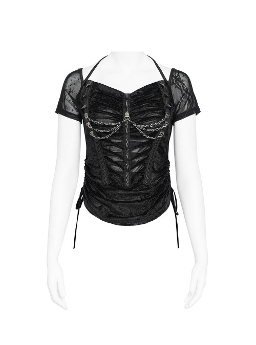 Black Velveteen Knit Splicing Mesh Halter Neck Front Spiked Rivets Detachable Chains Decoration Short Sleeves Punk Style T-Shirt