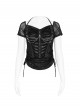 Black Velveteen Knit Splicing Mesh Halter Neck Front Spiked Rivets Detachable Chains Decoration Short Sleeves Punk Style T-Shirt