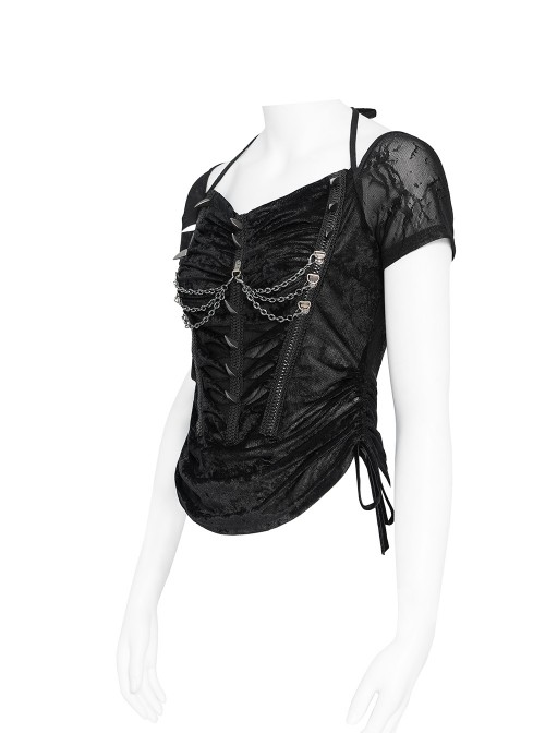 Black Velveteen Knit Splicing Mesh Halter Neck Front Spiked Rivets Detachable Chains Decoration Short Sleeves Punk Style T-Shirt