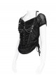 Black Velveteen Knit Splicing Mesh Halter Neck Front Spiked Rivets Detachable Chains Decoration Short Sleeves Punk Style T-Shirt