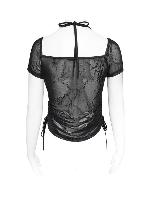 Black Velveteen Knit Splicing Mesh Halter Neck Front Spiked Rivets Detachable Chains Decoration Short Sleeves Punk Style T-Shirt