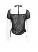Black Velveteen Knit Splicing Mesh Halter Neck Front Spiked Rivets Detachable Chains Decoration Short Sleeves Punk Style T-Shirt