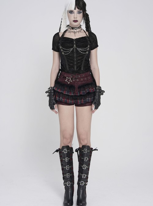 Black Velveteen Knit Splicing Mesh Halter Neck Front Spiked Rivets Detachable Chains Decoration Short Sleeves Punk Style T-Shirt