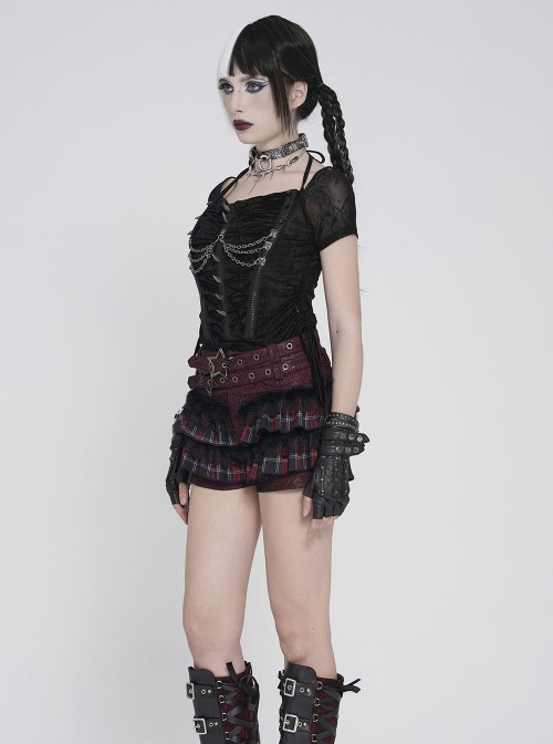 Black Velveteen Knit Splicing Mesh Halter Neck Front Spiked Rivets Detachable Chains Decoration Short Sleeves Punk Style T-Shirt