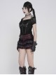 Black Velveteen Knit Splicing Mesh Halter Neck Front Spiked Rivets Detachable Chains Decoration Short Sleeves Punk Style T-Shirt