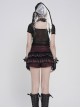 Black Velveteen Knit Splicing Mesh Halter Neck Front Spiked Rivets Detachable Chains Decoration Short Sleeves Punk Style T-Shirt