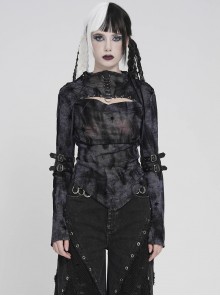 Black Flocked Mesh Asymmetrical Hem Middle High Collar Split Front Chest Cowl Design Loops Decoration Long Sleeves Slim Fit Punk Style T-Shirt