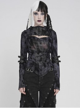 Black Flocked Mesh Asymmetrical Hem Middle High Collar Split Front Chest Cowl Design Loops Decoration Long Sleeves Slim Fit Punk Style T-Shirt