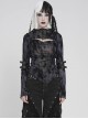 Black Flocked Mesh Asymmetrical Hem Middle High Collar Split Front Chest Cowl Design Loops Decoration Long Sleeves Slim Fit Punk Style T-Shirt
