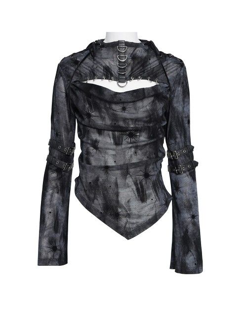 Black Flocked Mesh Asymmetrical Hem Middle High Collar Split Front Chest Cowl Design Loops Decoration Long Sleeves Slim Fit Punk Style T-Shirt