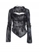 Black Flocked Mesh Asymmetrical Hem Middle High Collar Split Front Chest Cowl Design Loops Decoration Long Sleeves Slim Fit Punk Style T-Shirt