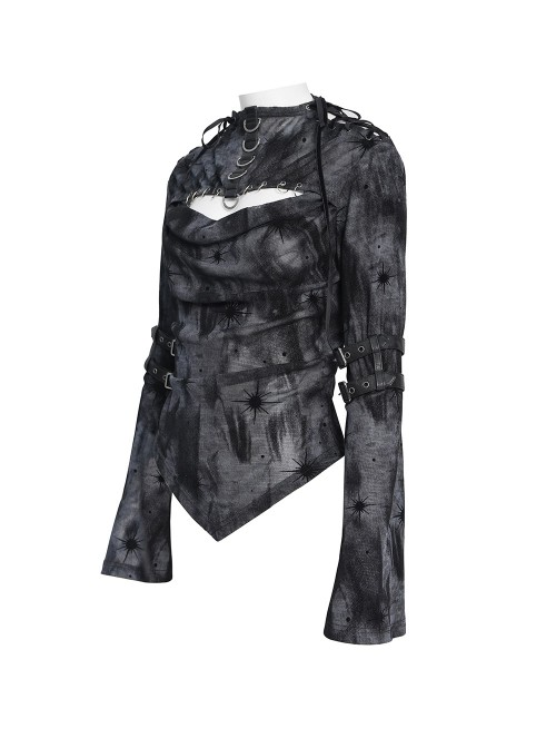 Black Flocked Mesh Asymmetrical Hem Middle High Collar Split Front Chest Cowl Design Loops Decoration Long Sleeves Slim Fit Punk Style T-Shirt
