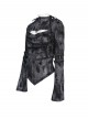 Black Flocked Mesh Asymmetrical Hem Middle High Collar Split Front Chest Cowl Design Loops Decoration Long Sleeves Slim Fit Punk Style T-Shirt