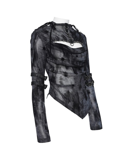 Black Flocked Mesh Asymmetrical Hem Middle High Collar Split Front Chest Cowl Design Loops Decoration Long Sleeves Slim Fit Punk Style T-Shirt