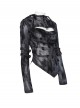Black Flocked Mesh Asymmetrical Hem Middle High Collar Split Front Chest Cowl Design Loops Decoration Long Sleeves Slim Fit Punk Style T-Shirt