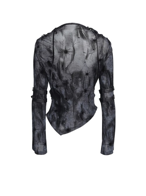 Black Flocked Mesh Asymmetrical Hem Middle High Collar Split Front Chest Cowl Design Loops Decoration Long Sleeves Slim Fit Punk Style T-Shirt