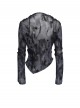 Black Flocked Mesh Asymmetrical Hem Middle High Collar Split Front Chest Cowl Design Loops Decoration Long Sleeves Slim Fit Punk Style T-Shirt