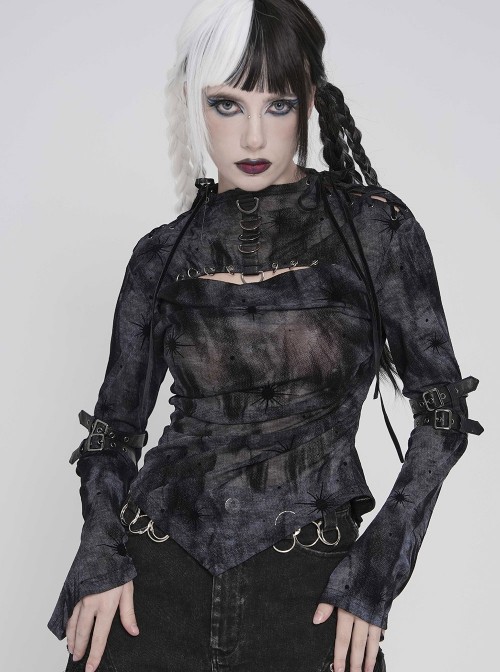 Black Flocked Mesh Asymmetrical Hem Middle High Collar Split Front Chest Cowl Design Loops Decoration Long Sleeves Slim Fit Punk Style T-Shirt