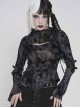 Black Flocked Mesh Asymmetrical Hem Middle High Collar Split Front Chest Cowl Design Loops Decoration Long Sleeves Slim Fit Punk Style T-Shirt