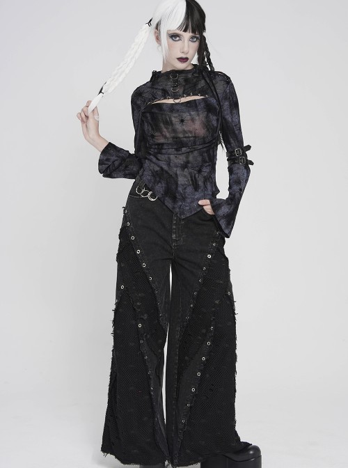 Black Flocked Mesh Asymmetrical Hem Middle High Collar Split Front Chest Cowl Design Loops Decoration Long Sleeves Slim Fit Punk Style T-Shirt
